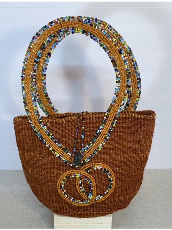 Unbranded Handbags - Handmade Brown Multi Color Beadwork Handwoven Bucket Bag Made in Kenya